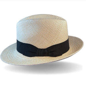 A Noosa Sundays classic natural woven Panama straw fedora hat with a wide black ribbon band and bow, shown on a white background with a soft shadow.